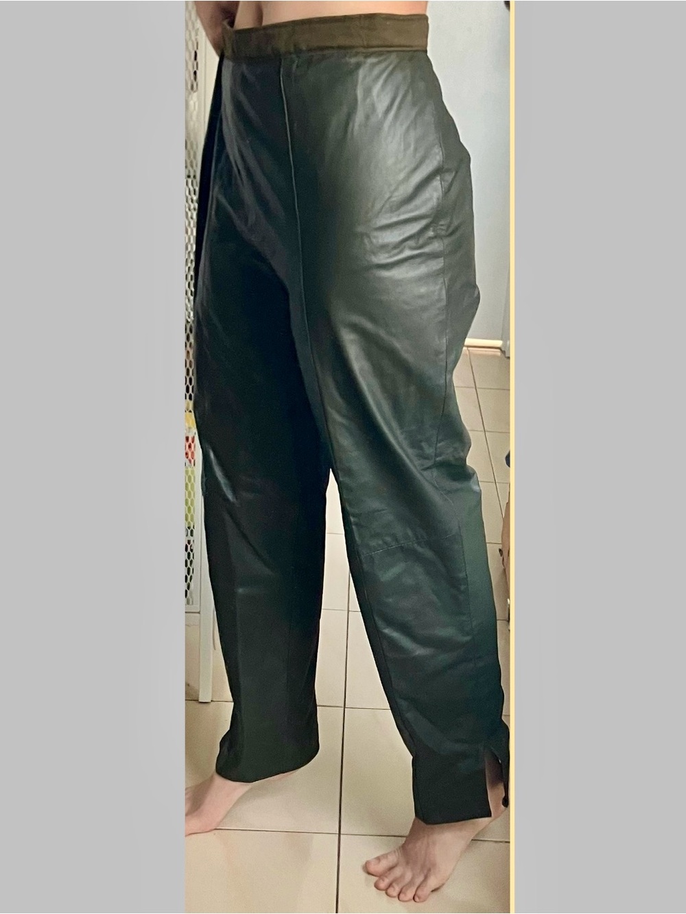 Christian Dior Olive Green Genuine Leather Straight-Leg Pants